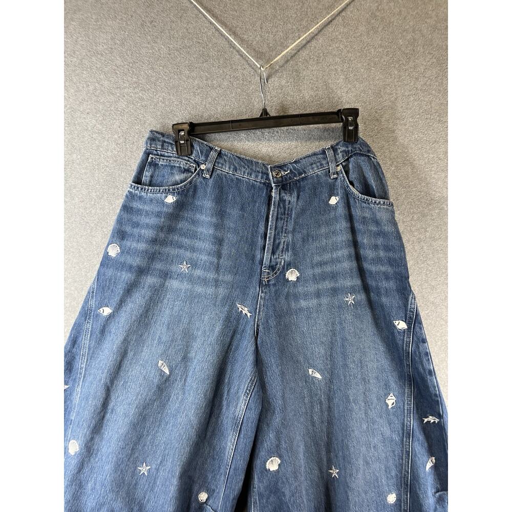 Free People Westward Demim Jean Size 33 “ Under The Sea” Wide Leg Embroidered - Picture 3 of 10